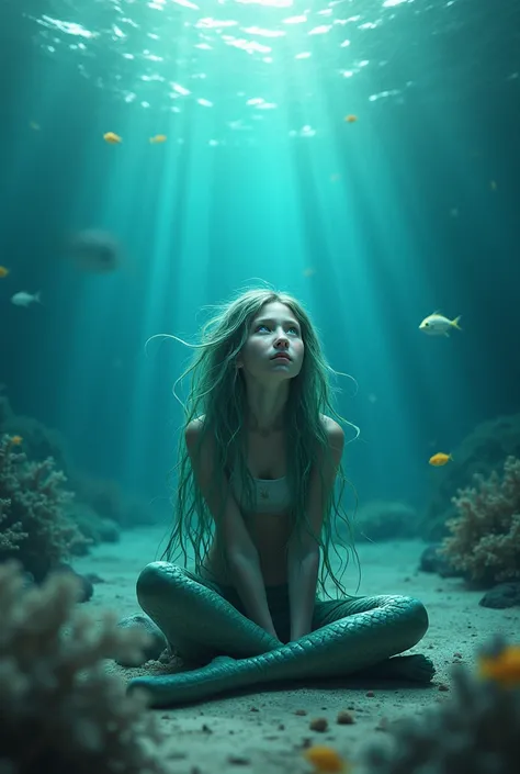 A serene underwater scene: a young girl with serpent-like features sits cross-legged at the ocean floor's edge, her hair flowing like seaweed. Soft blue-green light illuminates her ethereal face and scaly skin as she gazes calmly upward, surrounded by undu...