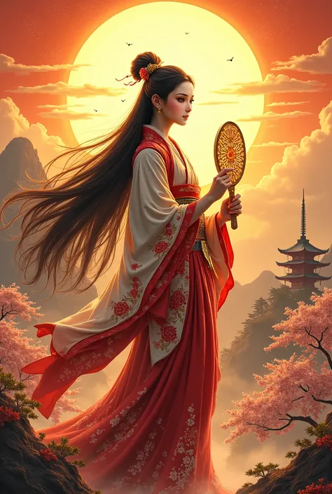 A majestic depiction of Amaterasu, the Japanese sun goddess, with radiant golden light emanating from her figure. She stands gracefully in traditional Shinto attire, adorned with intricate red, white, and gold patterns, holding a sacred mirror symbolizing ...