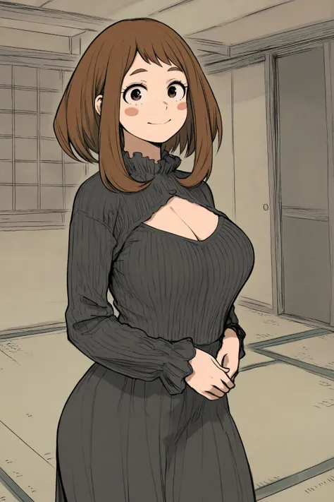 (muted colors:1.3),(line art:1),(sketch:1),(photorealistic:0.8),uraraka ochako,(beautiful detailed face:1.1),wide hip,(wide thighs:0.9),(large medium breasts:1),(tatami room:1.1),curvy,circle long skirt,(black knit blouse:1.3),standing,cleavage