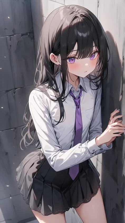 ((True best masterpiece, Ultimately perfect quality, Extremely delicate details)), A slender girl with flat chest, With dark black straight hair, Purple eyes, Wearing a dress shirt with purple tie, Wearing a gathered black skirt, Black long boots, Standing...