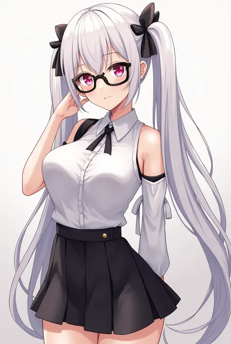 An anime-style character, White hair tied on both sides, big breasts, with small black ribbon on the head, pink eyes, oversized glasses, an outfit that falls on a black shoulder along with a small black skirt