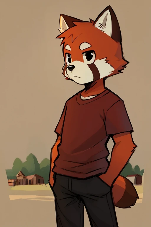  Anthropomorphic cartoon fluffy red panda guy, red fur, black eyes a ,  dressed in a red shirt ,  black pants .   background is a village 