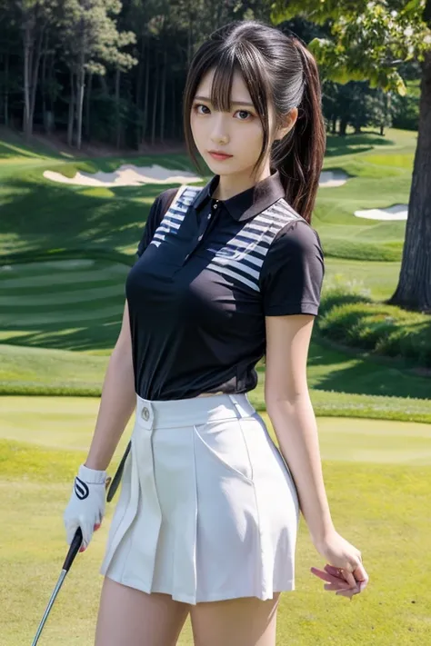  Japanese woman like an idol ,, medium chest, Round face , bust up ,  beautiful detailed eyes,  lips with beautiful details,  very detailed face and eyes , long eyelashes,  1 female,  beautiful female golfer , dark blue short sleeve shirt ,   White Tight S...