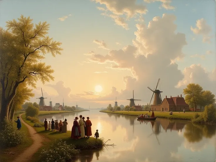 a group of people  (17th century clothing),  inspired by Philips Wouverman, berth by the river, Romanticism, Dutch painting, baroque landscape painting, landscape view , rural landscape,  the golden age of Dutch painting , golden age Holland , near the riv...