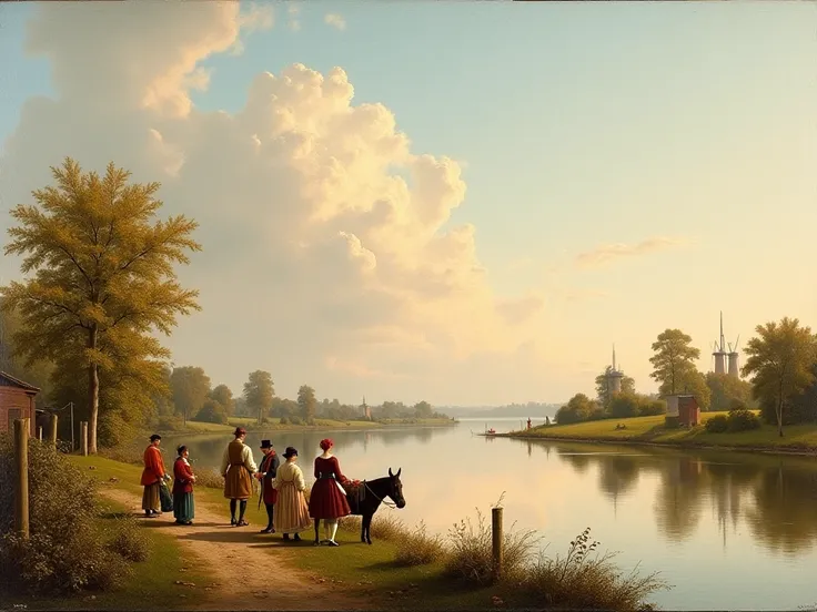 a group of people  (17th century clothing),  inspired by Philips Wouverman, berth by the river, Romanticism, Dutch painting, baroque landscape painting, landscape view , rural landscape,  the golden age of Dutch painting , golden age Holland , near the riv...