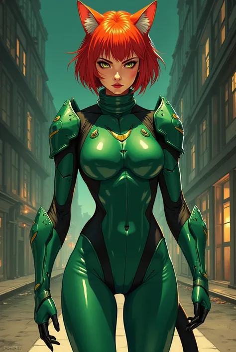 A cat woman warrior, with a simple green design armor, a green helmet and short red hairs. Draw style of a '70 anime magazine