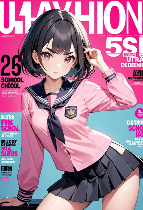 (best quality, masterpiece, ultra highres, ultra-detailed:1.2) ,(fashion magazine cover),cover girl,(wearing black coloring school-uniform,Pink school blouse, black ribbon, black pleated skirt,),(Cutting-edge school-uniform designed in pink and black),,(16...