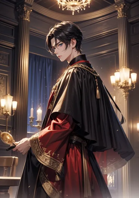  top quality。 detailed depiction of up to the front door。Castle ballroom。cool and handsome nobleman、(( one adult man))。 well-groomed 。Men's Hairstyles 、((male short hair))、青みを帯びた black hair、(( black hair))。 cool and intimidating look。(( blue eyes))。 well-g...