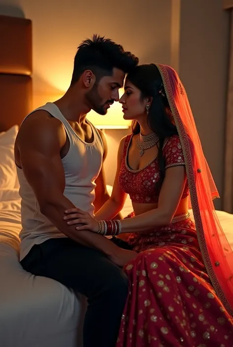 Indian Bodybuilder boy army haircut wearing white baniyan black pant and beautiful girl wearing Ghaghra choli churnri , boy and girl sitting on bed for first night