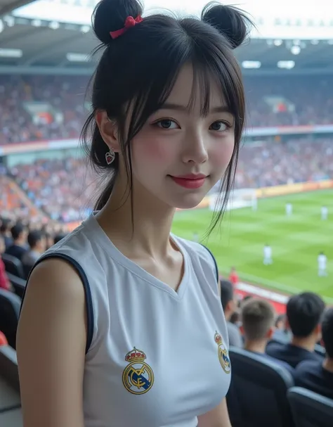 (Korean college girl with super cute big boobs is wearing a uniform and enjoying watching a soccer game:1.2)(Happy smile:1.2)(16k,  RAW photos ,  top quality,  Masterpiece: 1.2),( glossy black hair cute bun hair )  Super Detail,  super resolution on the fl...