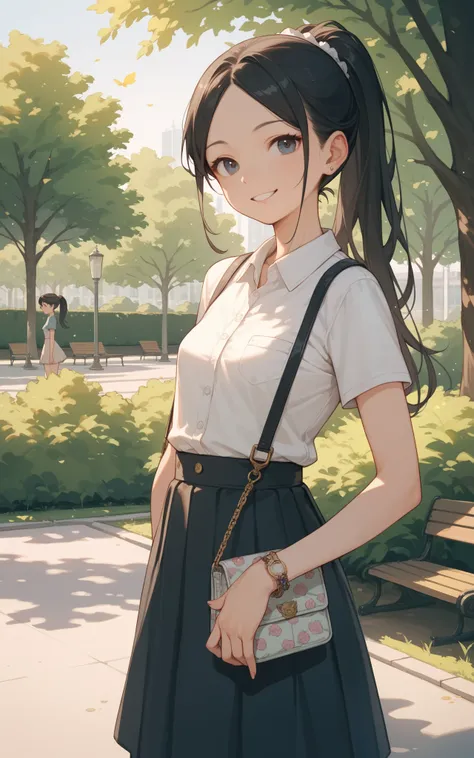 female, black hair, parted bangs, ponytail, Park, Smile, Small Breasts, anime, 