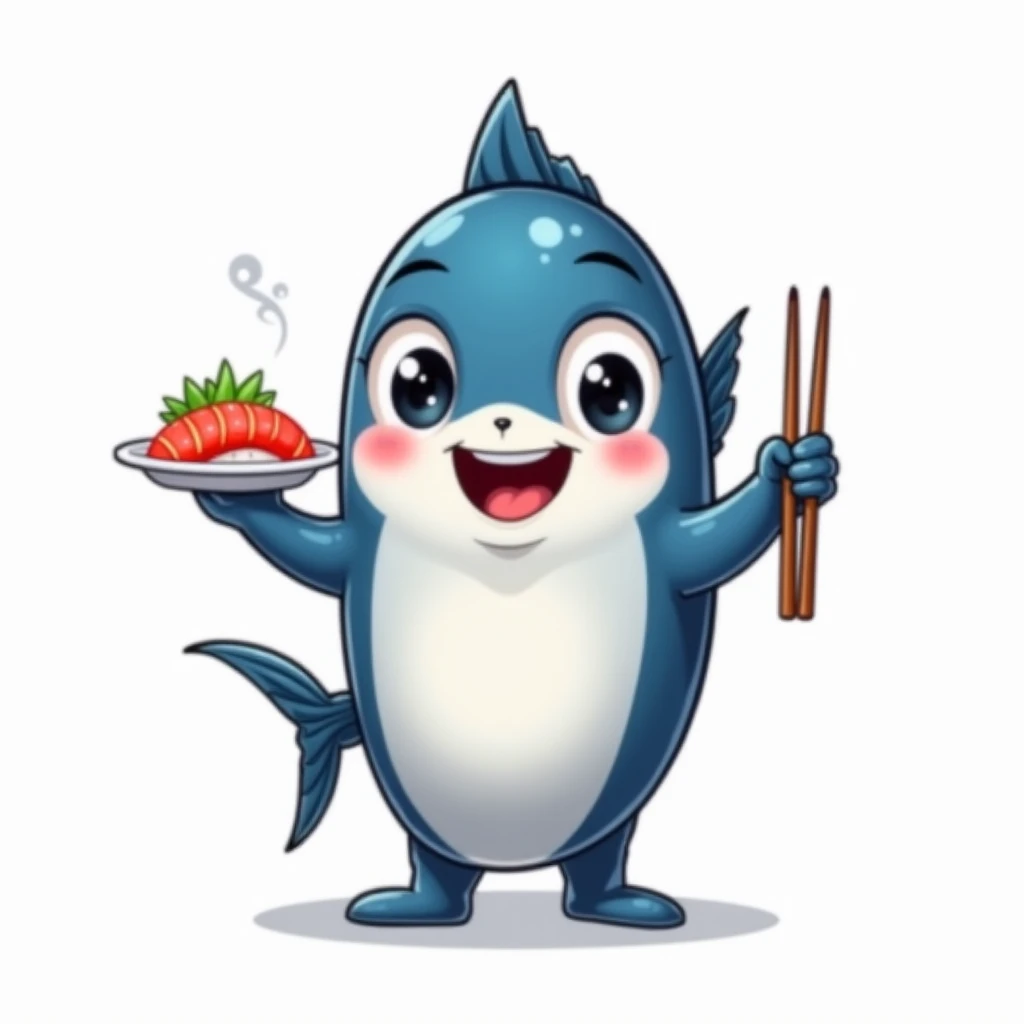 "A professional yet adorable 2D cartoon-style tuna mascot designed for a tuna specialty restaurant. The character has a sleek blue-silver body with a slightly rounded and chibi-inspired appearance, making it friendly and inviting. It has big, expressive ey...