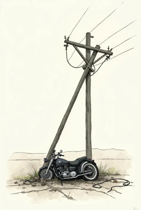 Create a drawing of a toppled pole with a fallen motorcycle on the side