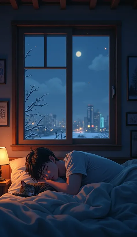 Create an anime-style image of a dark, cozy bedroom with a full view that clearly features a guy lying on the bed with his eyes closed. The room has a wooden interior with a large window showing a snowy cityscape under the muted glow of a setting sun. The ...