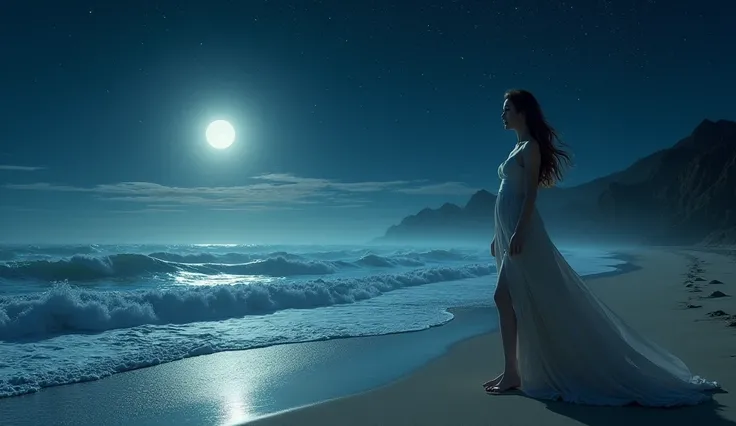 a woman walking on a beautiful beach at night, moon illuminating the sea, stunning night landscape, dramatic lighting, cinematic, photorealistic, (best quality,4k,8k,highres,masterpiece:1.2),ultra-detailed,(realistic,photorealistic,photo-realistic:1.37),dr...