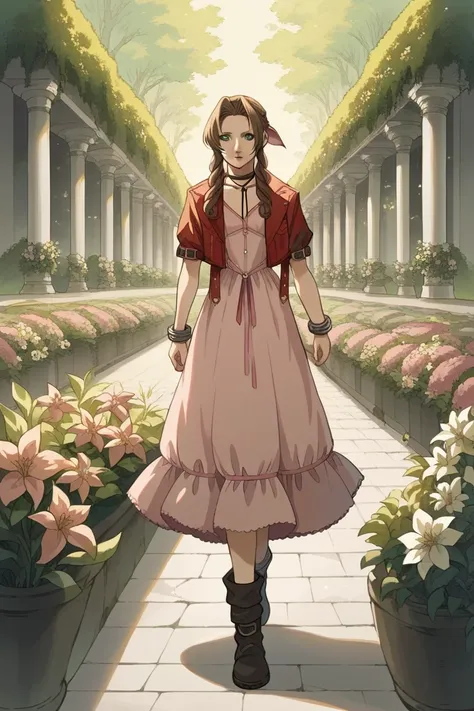 score_9, score_8_up, source_anime, ,1girl, aerith gainsborough, brown hair, braid, long hair, green eyes, hair ribbon, bolero jacket, cropped jacket, bow, choker, long pink dress, pink bow, boots, bangles, walking in a garden, flowers, detailed background,