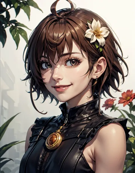 mikoto misaka, short hair, brown hair, hair ornament, hair flower, brown eyes,smile,