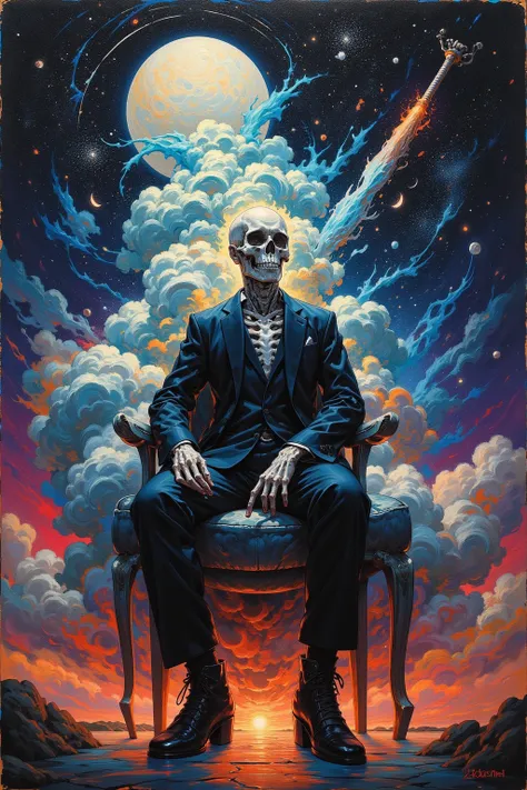 スーツを着た  painting of a man with a skeleton   sitting on a chair holding a baseball bat,  promotional art , Album Cover ,new   Album Cover  ,  album art, sitting in a cosmic cloud landscape  , inspired Sid Barrett  ,creepy surreal art ,Sid Barrett  ,  album ...