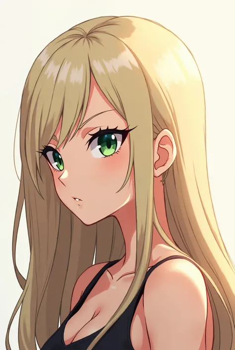 Make a bratty looking anime woman with long platinum blonde hair and sharp green eye