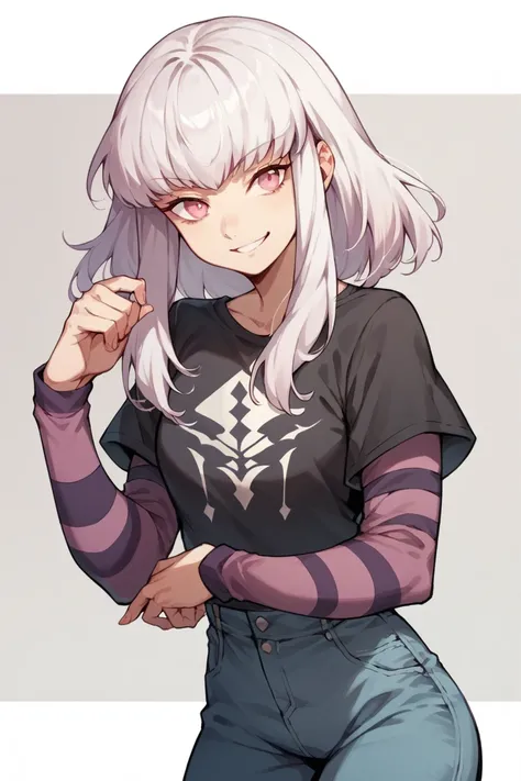 1 girl, solo, black short sleeve t-shirt, layered sleeves, white long sleeves, jeans, defLysithea, white hair, pink eyes, short hair, black t-shirt over white long sleeves, confident smile