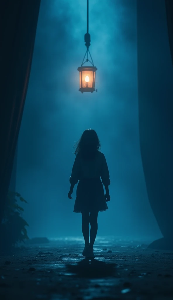 Moody and cinematic, a girl walks across a stage framed by the soft glow of a hanging lantern in the distance against a blue-toned background.