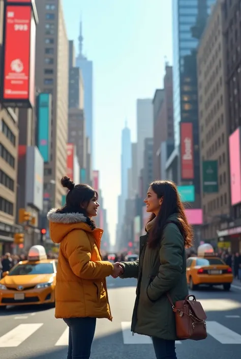 Create 3d image.A crowded city street with people walking, taxis passing by, and billboards. In the foreground, two friends, Alishba and Sara, are standing at a street corner, smiling and shaking hand. The city skyline is visible in the background.