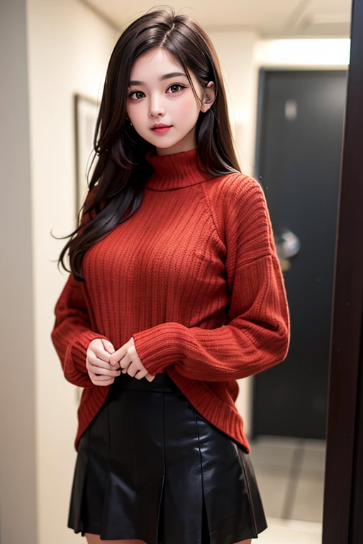 cute girl with long brown hair. Posing in red sweater and loose fitting black skirt