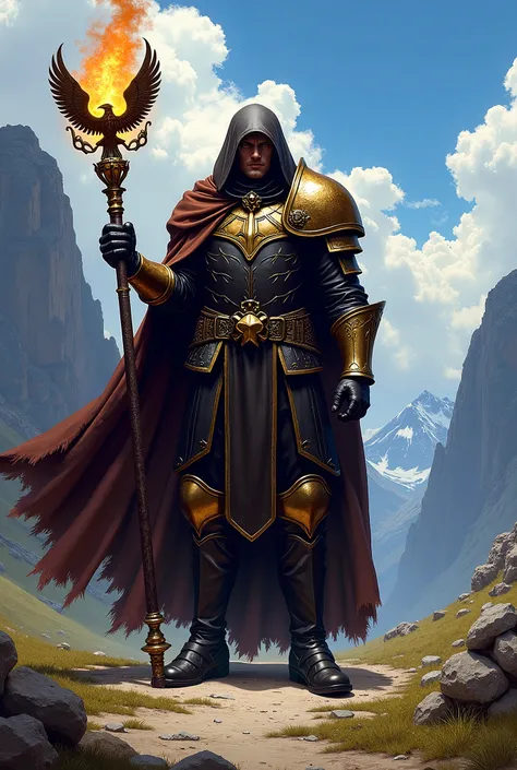 In RPG style, in style of Warhammer 40000: Rogue Trader, in style of fantasy painting. Full body view, looking at the viewer. Image of a male aristocrat psyker, holding Pyromancer's Staff with gold aquila. Tight dark leather armor with dark blue elements. ...