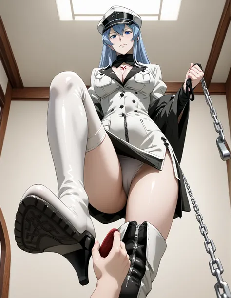 point of view screenshot, Feet from below pose , masterpiece, good quality, best quality, POV | Viewer on Leash,Viewer on Leash POVscore_9, Score_8_up, Score_7_up, Source_anime, anime art, anime style, masterpiece, top quality, very aesthetic, esdeath (aka...