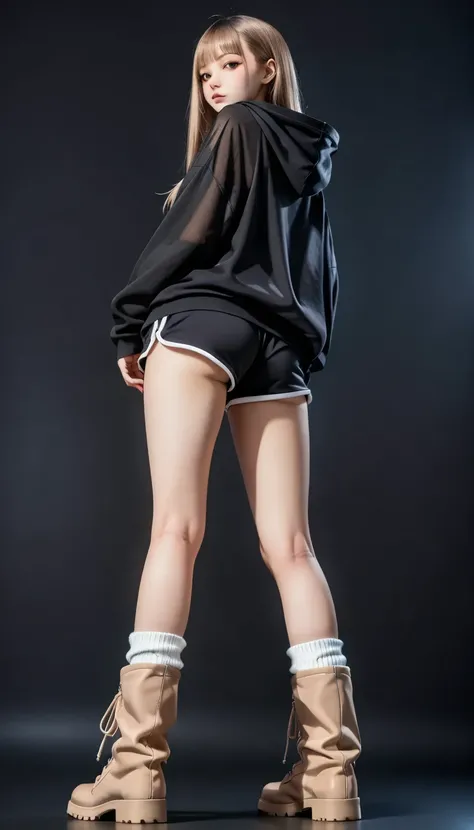 Woman standing wearing a see-through black blouse and black shorts, Thigh close-up shot、Low angle back shot、  black background、 Super Oversized Big Hoodie、break (((Are you wearing super big size loose socks,  beige boots ))) ,Straighten your legs 、(((Tiny ...