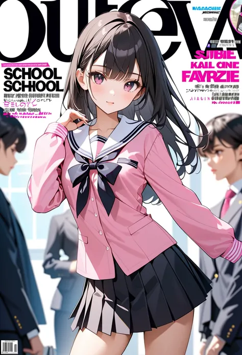 (best quality, masterpiece, ultra highres, ultra-detailed:1.2) ,(fashion magazine cover),cover girl,(wearing black coloring school-uniform,Pink school blouse, black ribbon, black pleated skirt,),(Cutting-edge school-uniform designed in pink and black),,(16...