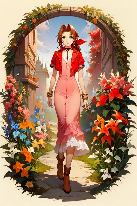 ((masterpiece), (best quality), (8k), (4k)), ((girl)), ((Final Fantasy VII), (Aerith Gainsborough)), ((brown hair), (high middle bang), (longer side curly bang), (long tight curly ponytail like braid)), ((green eyes), (red hair ribbon), (red bolero jacket)...