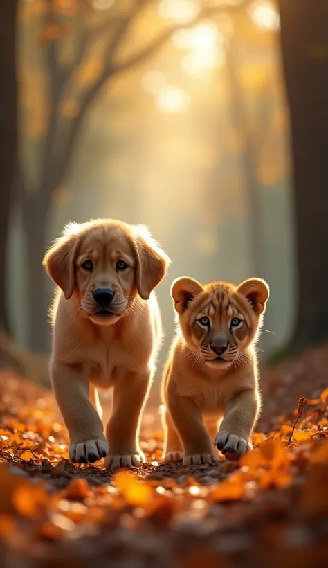 I want to get images of “A golden retriever puppy and a lion cub walk side by side through the forest, their paws crunching on the fallen leaves, as the sunlight filters through the trees, casting a warm glow on their unlikely companionship.”realistic, ult...