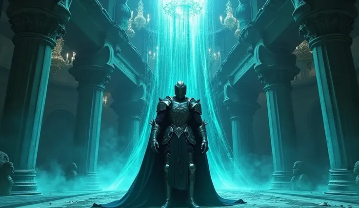  Bottom camera looking up ,  knight in armor and helmet , Inside a giant water castle in the background several pillars details of the castle, Blue Aura Blue Spirit,  radiant green energy ,,  blue spirit epic blue energy 8k many details during the night,  ...