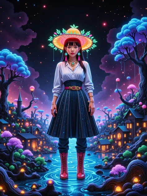 (Neon lights), circuit boards, top quality, (masterpiece:1.2), (Beautiful girl wearing fruit flower hat), Gurwitz style artwork, (artistic creativity:1.3), Realistic, Neon lights, (Liquid light background), (cowboy shot:1.9), (UHD, masterpiece, ccurate, an...