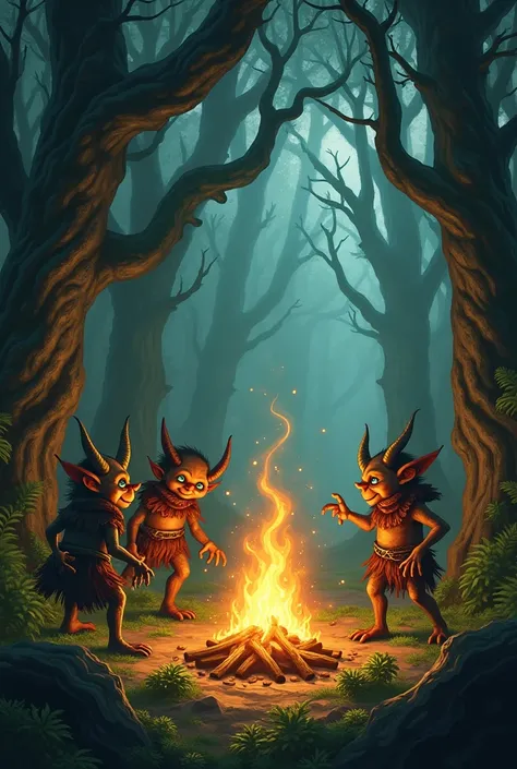 Goblins swirling around a fire in the forest 