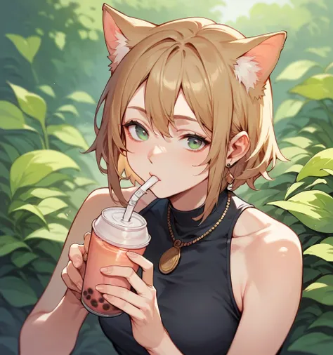 Cat leisurely drinking tea