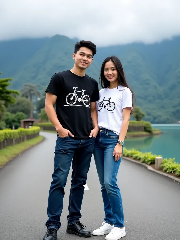 This professional photography features two Indonesians. Tall, handsome Indonesian man, neat black hair on the left, wearing a black t-shirt with a vintage bicycle print, dark blue jeans, black sneakers, standing on the concrete road with a beautiful Indone...