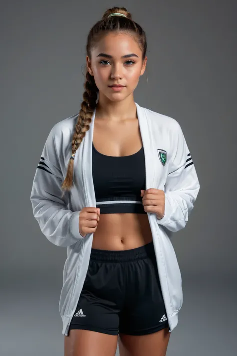 realistic, ultra-realistic, 8K resolution, casual indoor photoshoot with a dark backdrop, close-up picture, a mixed-race girl with light brown afro-textured hair styled into two neat braids, light but warm skin tone, slightly darker than average German ton...