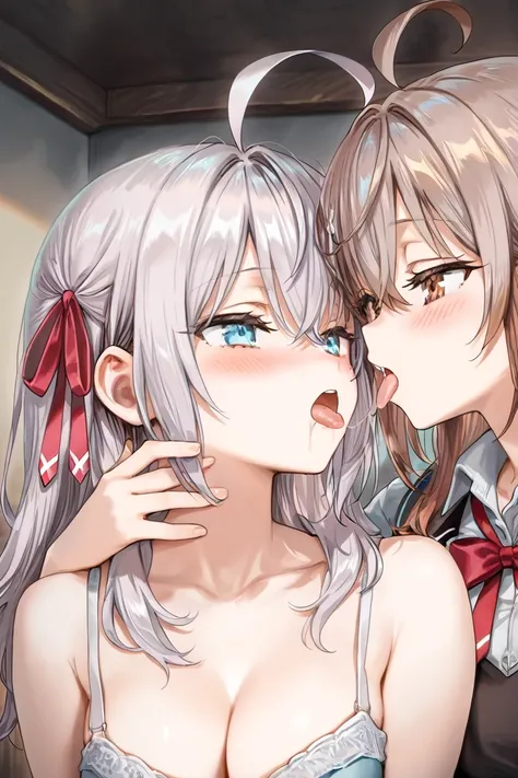  2girls, masterpiece,best quality, highres icon,highly detailed,  cleavage, embarrassing expression, blush,  small areolas, (alisa mikhailovna kujou , long hair, grey hair, blue eyes, ribbon, hair ribbon, hair between eyes, ahoge,  and close your eyes, blu...