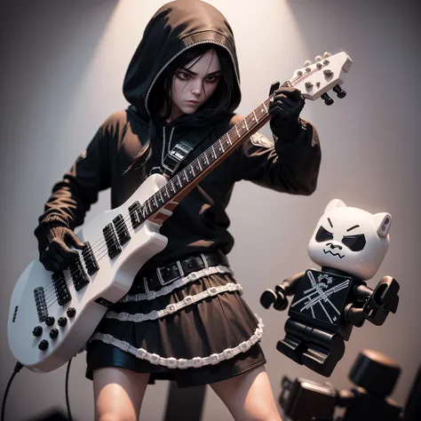 A member of a black metal band with a cute LEGO character guitar  