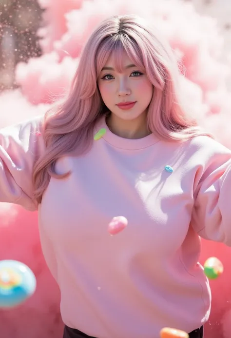 (The moment of the dust explosion :1.3),,(big sweat shirts:1.5),(a smiling girl:1.4),( bangs:1.3),(pink faded hair:1.5)
( big breasts:1.5),( shiny skin:1.5),(lots of  soft candies:1.5),