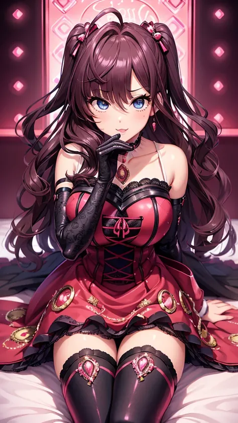  erotic、Ichinose Shiki、Big Breasts、shiny black and red sequin dress、 Thigh High Boots 、 pink love hotel with dark lights、 pink wall 、Evil grin、despise、 look down、Open your mouth slightly、 Evil Female Executive、adult、Married Woman、slouch、 angle from below、l...