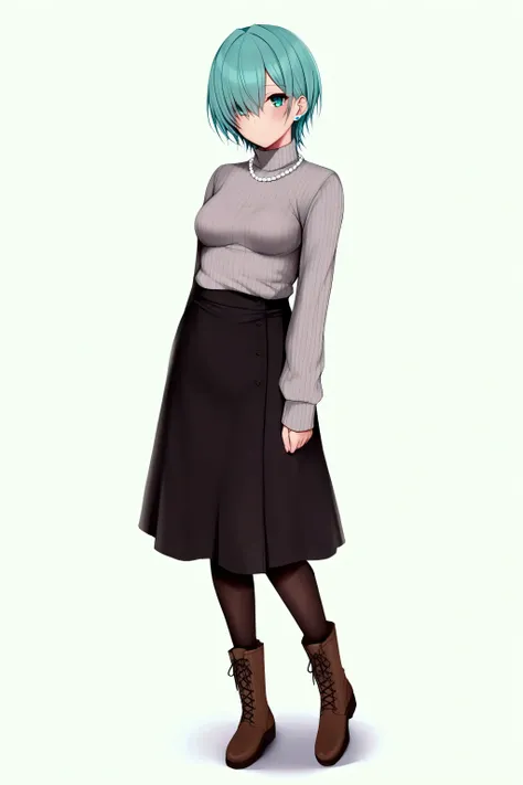 1girl, general, solo, standing, tachi-e, full body, aqua hair, light aqua hair, short hair, hair over right eye, right eye covered, aqua eyes, expressionless, stud earrings, aqua earrings, pearl necklace, sweater, grey sweater, ribbed sweater, turtleneck s...