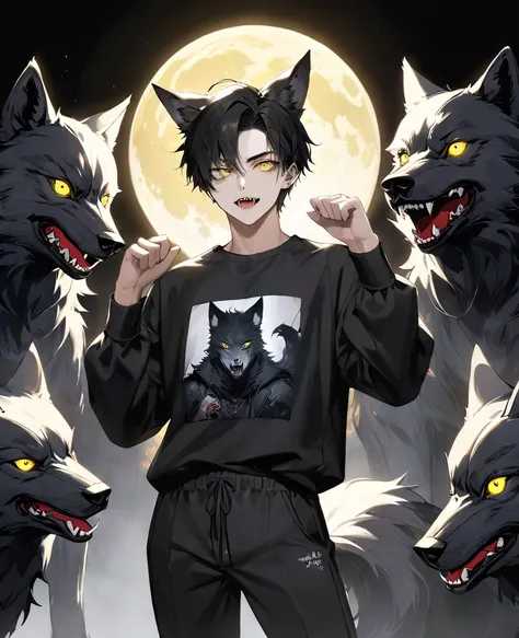 (4K Works))、​masterpiece、( top quality)、(( full moon and crow isolated on black background))、((Horror Background))、 Korean male、 adult male、((Adult 26 year old ))、((Adult brother ))、((Werewolf))、(( Man with Wolf Ears ))、(( face similar to Hyun Jin ))、 cool...