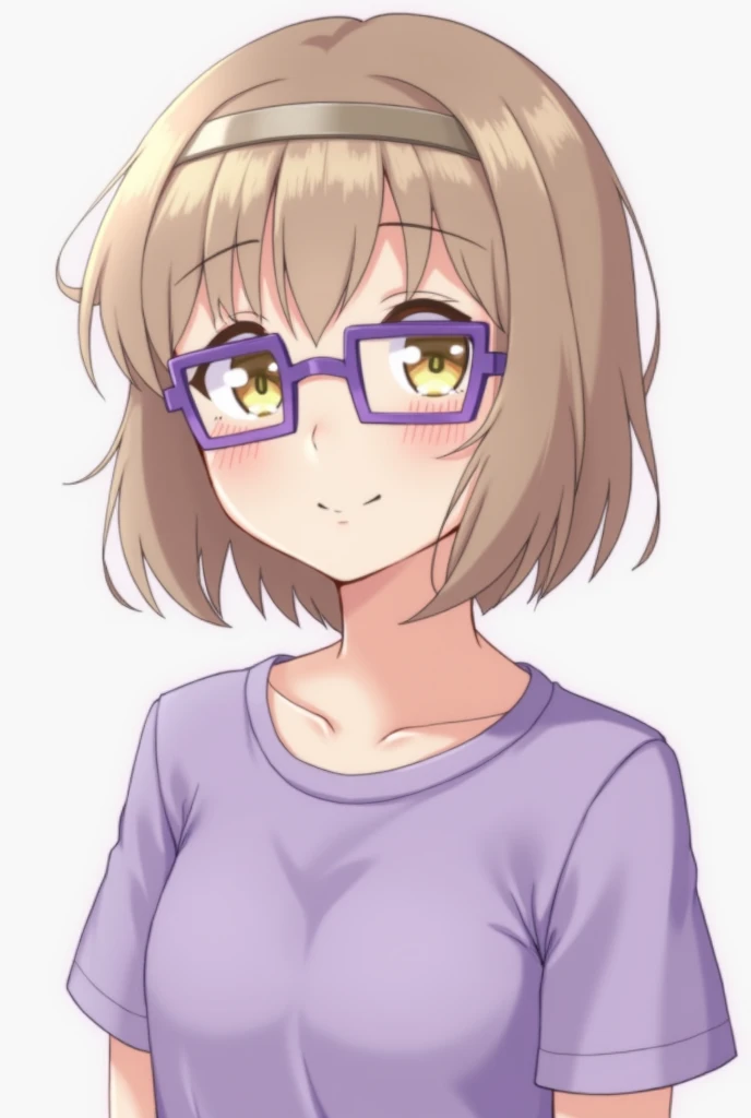 Portrait of a  Kawai-style girl with short shoulder-length hair and straight cut, with a clear forehead with a headband and without bangs and light brown or dark blonde hair color.  She wears a matching purple t-shirt with square purple glasses and has a s...