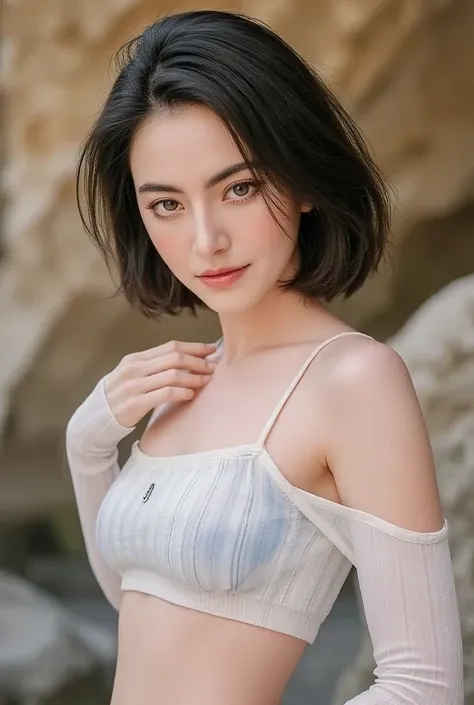 A professional photo, masterpiece. Mai Davika Hoorne, beautiful pale skin Russian woman, natural facial skin without make up, alluring facial expression, UHD, 16K, RAW, natural eyes, photorealistic, soft lighting, ((big breast)), tight cleavage, perky tits...