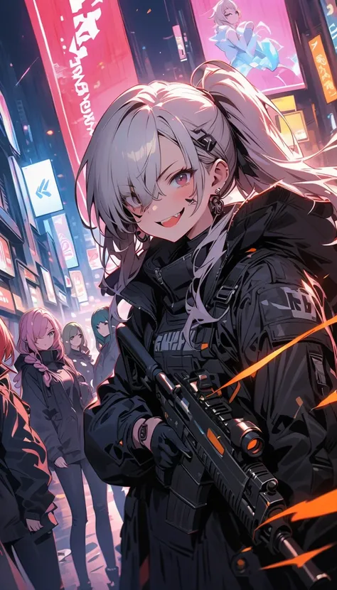 (Four beautiful girls : 1.3), girls ,(protective clothing,headband, earrings,Assault rifle), blonde, black hair, Hair, Silver Hair, red hair ,Blue Hair,Green Hair,Pink hair,Purple Hair, ponytail, bob cut, twin tails, long hair, shorthair, bun hair, wave ha...