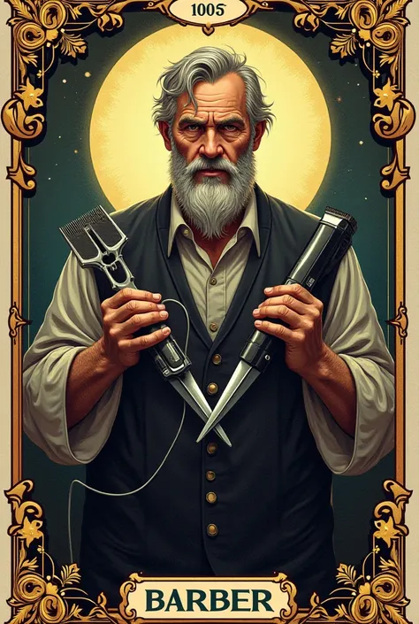 A tarot card of a barber. He is holding scissors and hair clippers