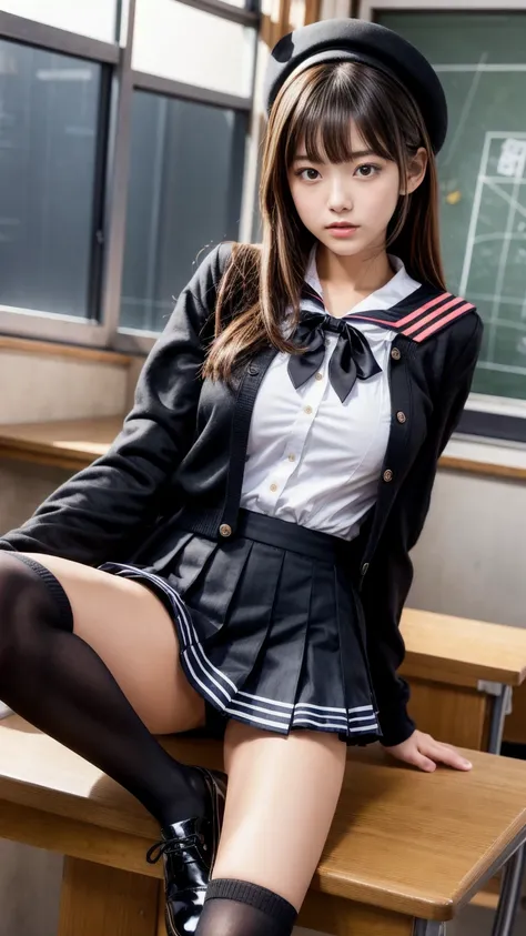  Masterpiece, high resolution, Product quality,(well-proportion:1.3),1 Young Beautiful Japanese Woman ,(Cowboy shot:1.4),1 Sexy High School Girl ,18 years old,( high school classroom :1.2),( Japanese high school girl uniforms, Stylish Black Sailor Suit :1....